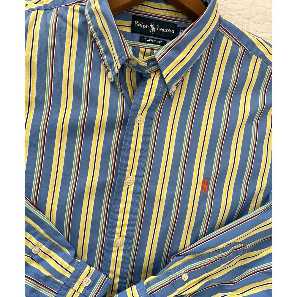 Polo Ralph Lauren Mens XL Blue‎ Multicolor Stripe Classic Fit Button Down Pony